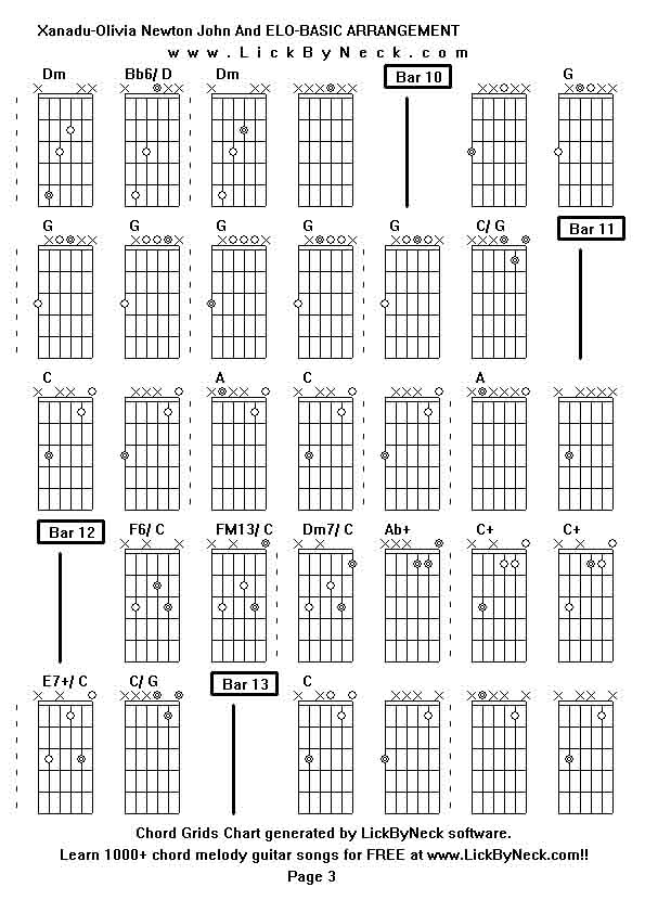 Chord Grids Chart of chord melody fingerstyle guitar song-Xanadu-Olivia Newton John And ELO-BASIC ARRANGEMENT,generated by LickByNeck software.